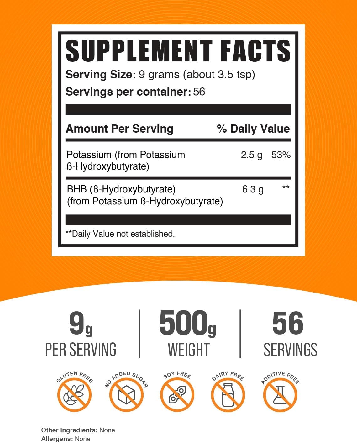 Potassium BHB Powder - BHB Salts Supplement with Electrolytes - Gluten Free, 9g per Serving - 500g Pack