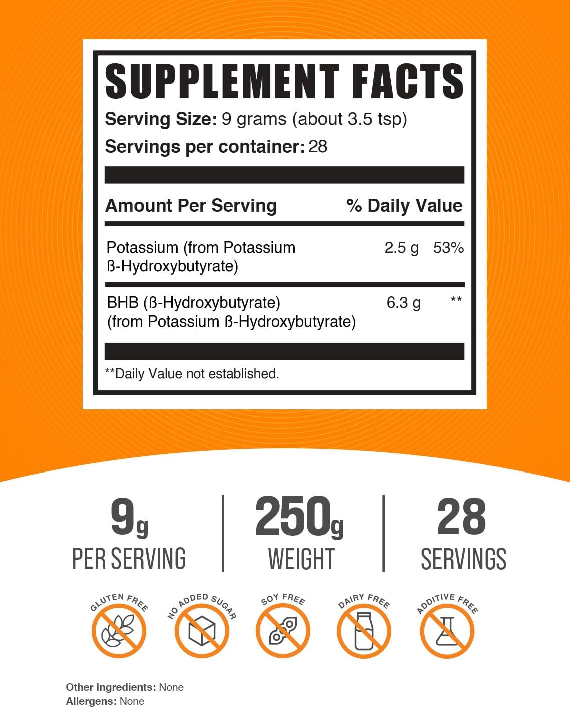 Potassium BHB Powder - Electrolyte Supplement with Beta-HydroxyButyrate Salts - Gluten-Free, 9g per Serving - 250g (8.8 oz) Pack