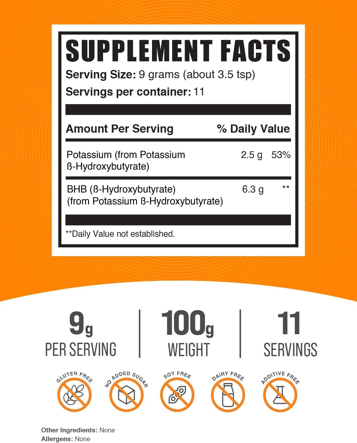 Potassium BHB Powder - Electrolytes Supplement, Gluten Free, 9g per Serving - 100g (3.5 oz) (Pack of 1)