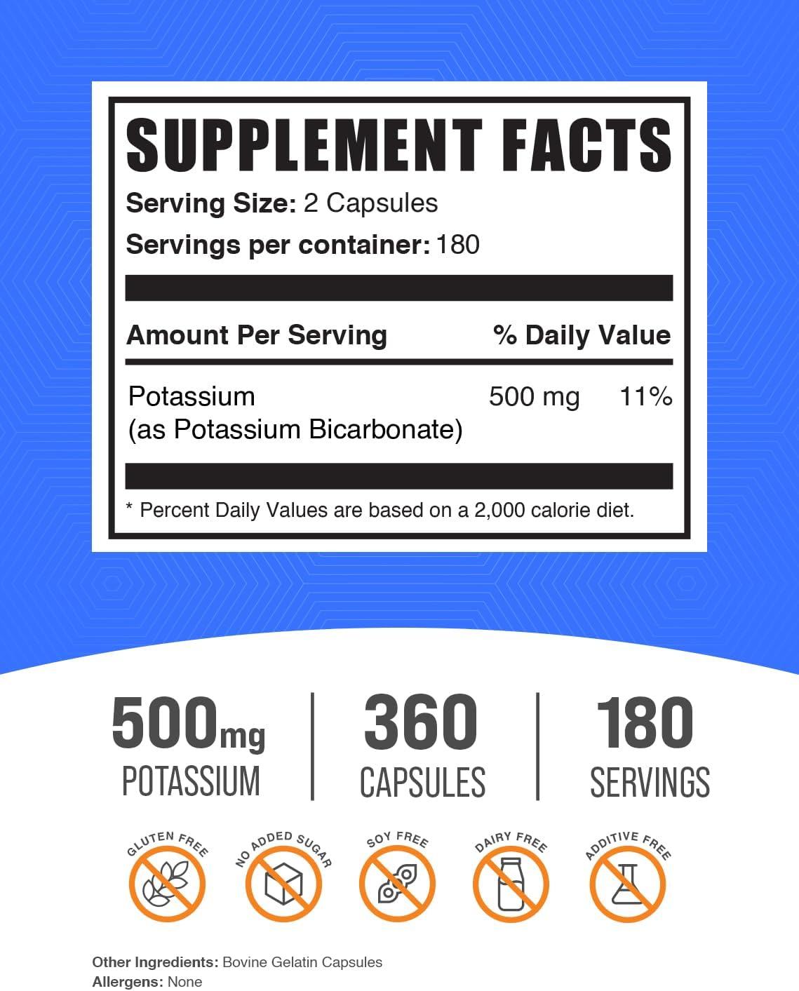 Potassium Bicarbonate Capsules 500mg - Gluten Free Potassium Supplement, 360 Capsules - BulkSupplements.com