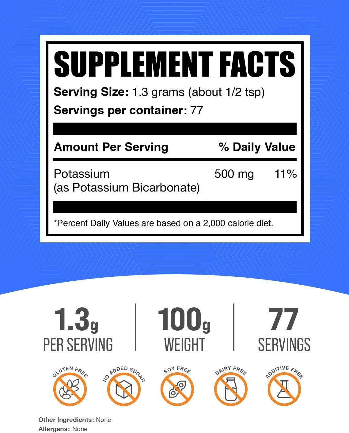 Potassium Bicarbonate Powder - High Quality Potassium Supplement, Food Grade, 100g - BulkSupplements