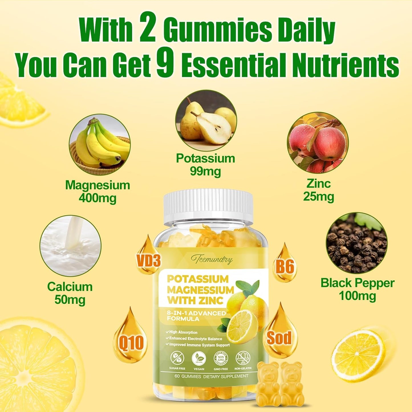 Potassium Citrate Gummies for Adults - 99 mg Supplement for Muscle, Electrolyte, Energy - With Magnesium