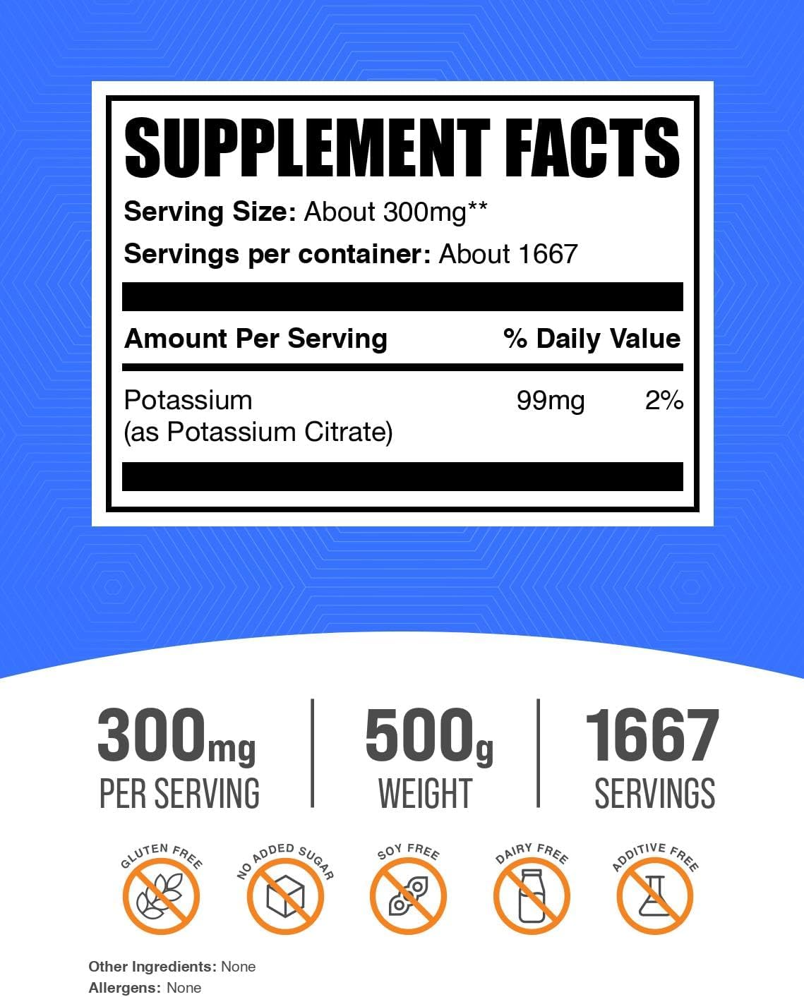 Potassium Citrate Powder Supplement - 99mg Potassium, Gluten Free, 300mg per Serving, 500g (1.1 lbs) - BulkSupplements