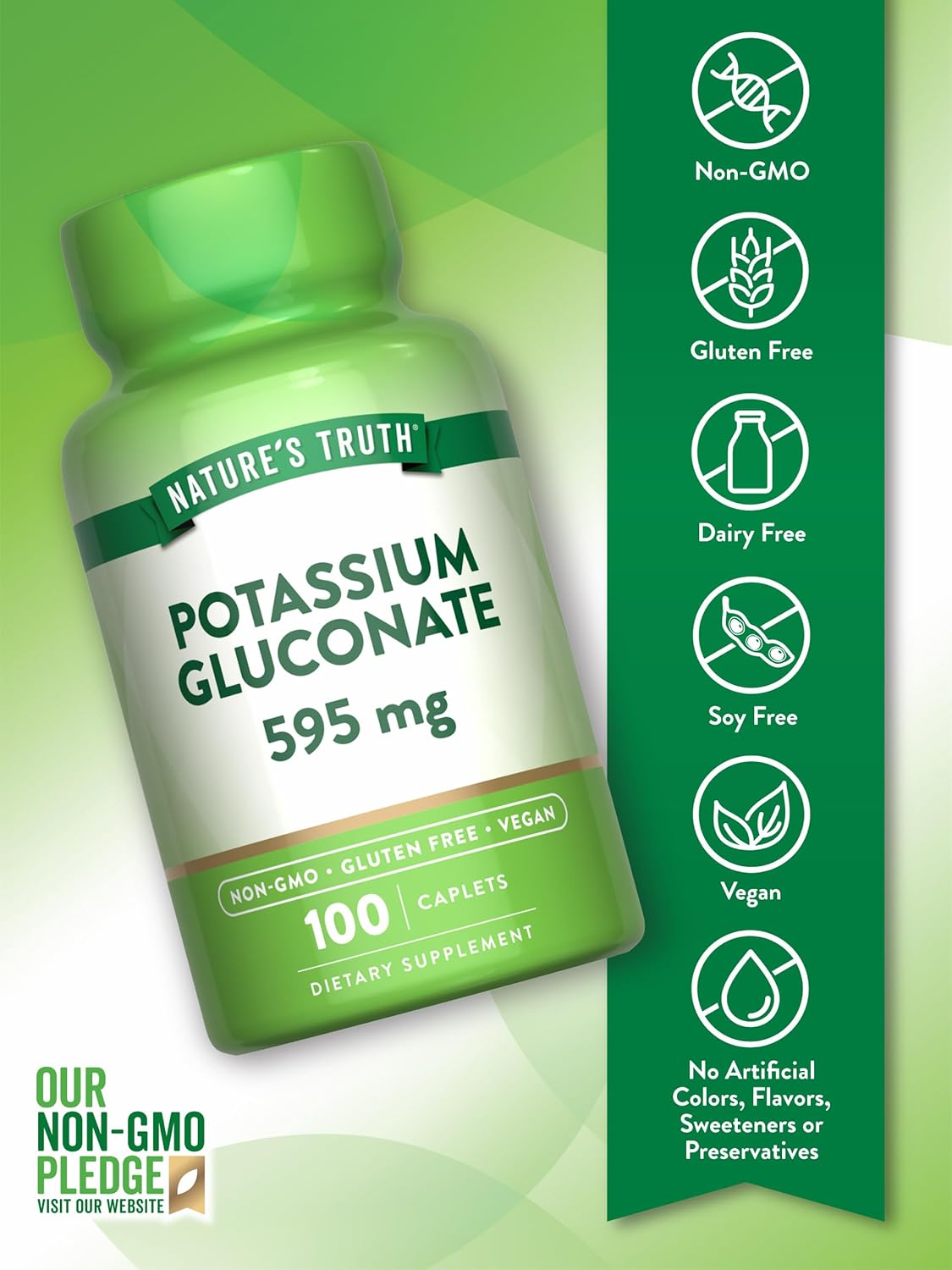 Potassium Gluconate 595mg Caplets - Vegan, Non-GMO, Gluten Free Supplement