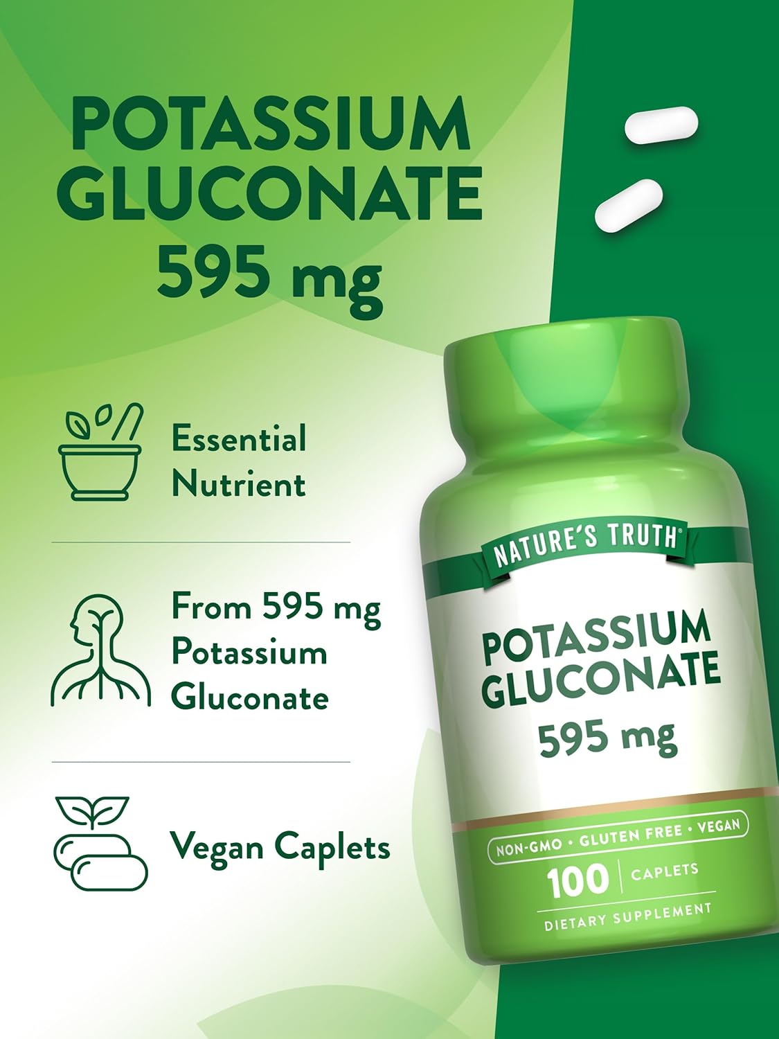 Potassium Gluconate 595mg Caplets - Vegan, Non-GMO, Gluten Free Supplement