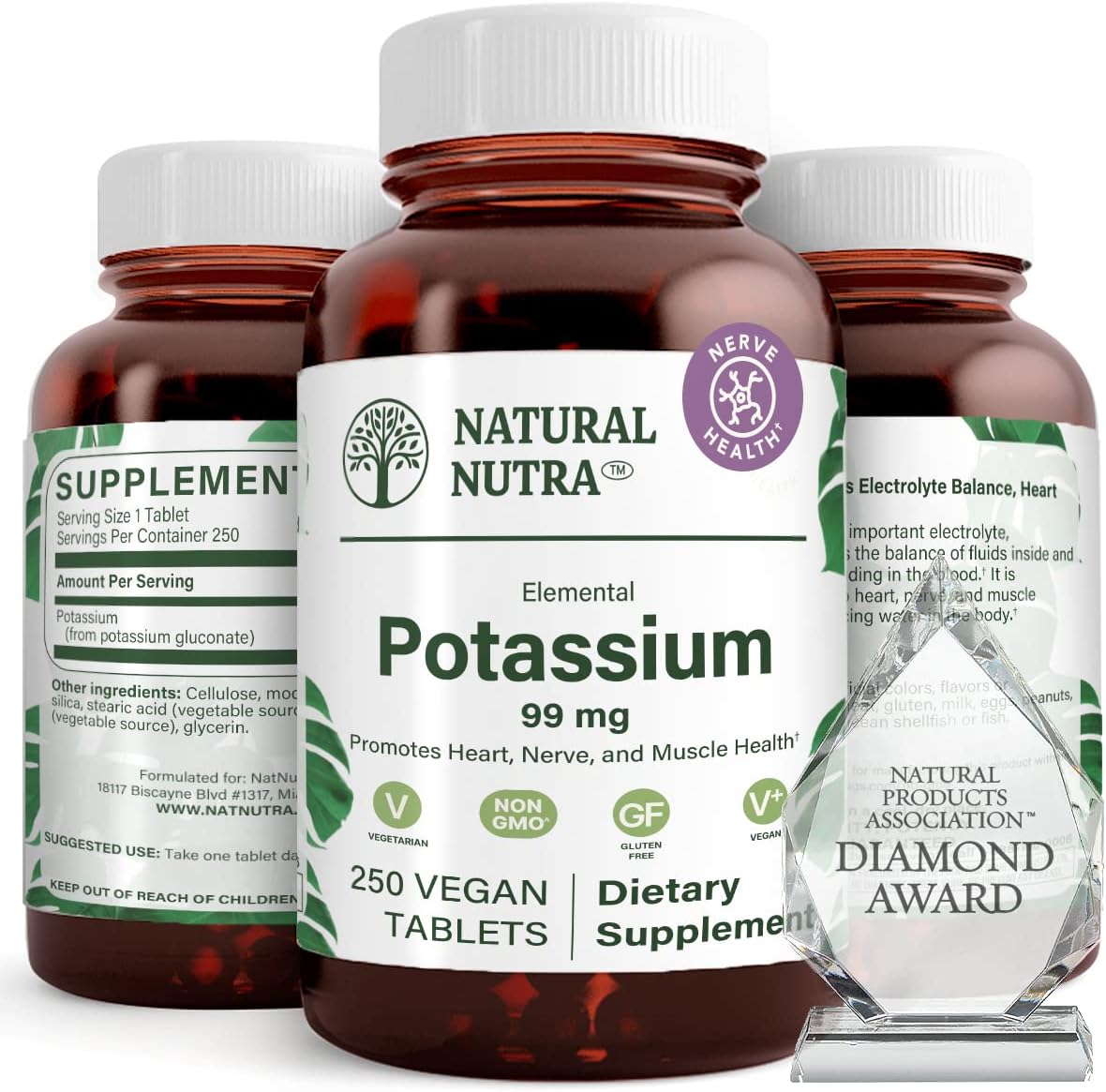 Potassium Gluconate 99mg Dietary Supplement - Supports Energy, Nervous System, Heart Health - 250 Vegan Tablets