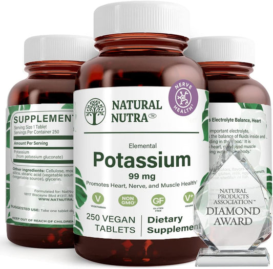 Potassium Gluconate 99mg Dietary Supplement - Supports Energy, Nervous System, Heart Health - 250 Vegan Tablets