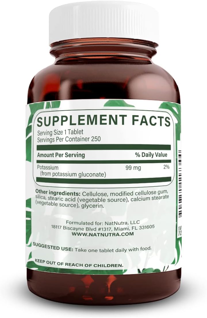 Potassium Gluconate 99mg Dietary Supplement - Supports Energy, Nervous System, Heart Health - 250 Vegan Tablets