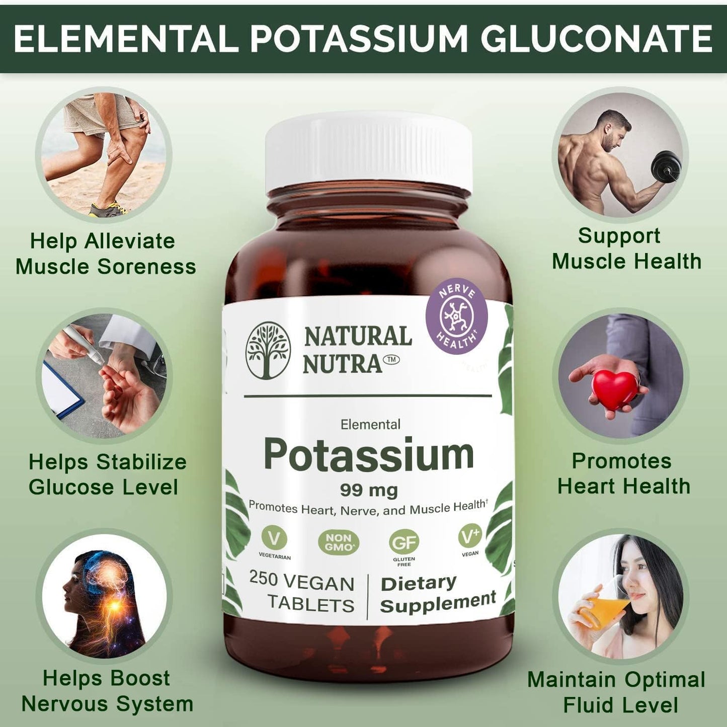 Potassium Gluconate 99mg Dietary Supplement - Supports Energy, Nervous System, Heart Health - 250 Vegan Tablets