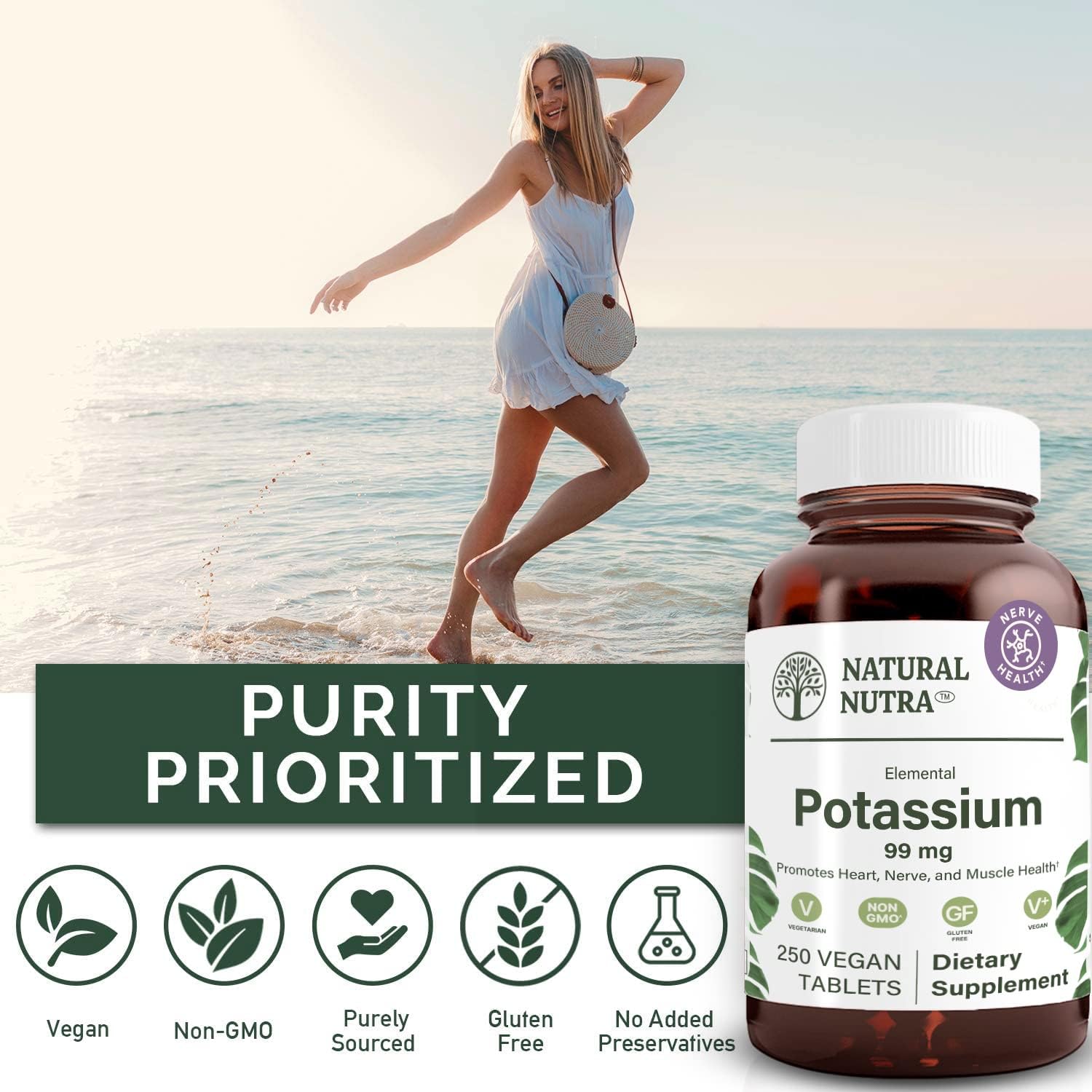 Potassium Gluconate 99mg Dietary Supplement - Supports Energy, Nervous System, Heart Health - 250 Vegan Tablets