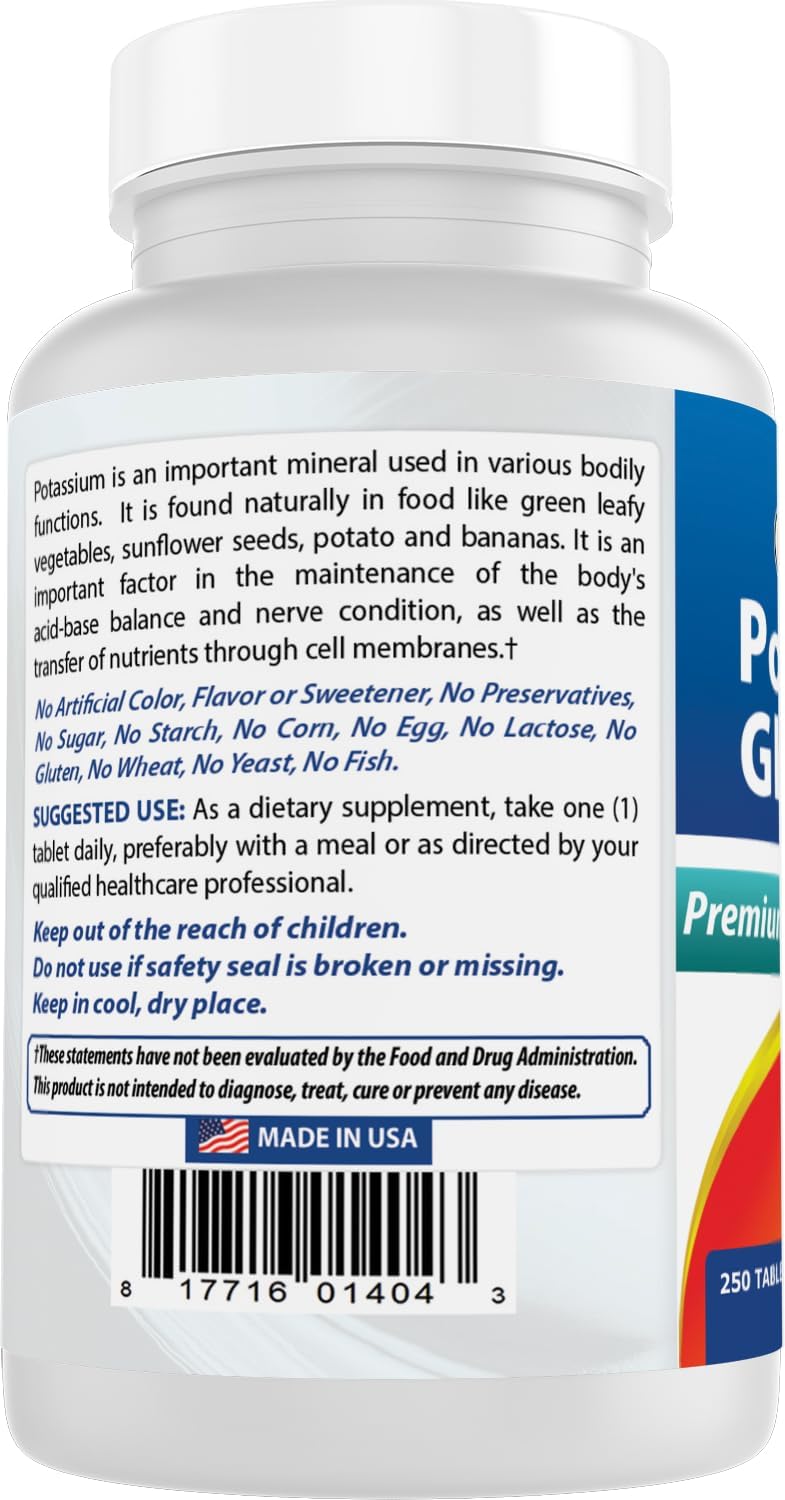 Potassium Gluconate Supplement 595mg Tablets - 250 Count - Natural and Effective