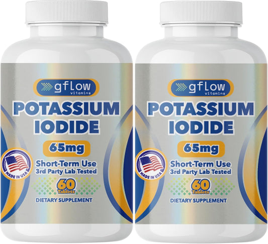Potassium Iodide 65mg Dietary Supplement for Thyroid Support - 4 Months Supply - 2 Pack - Non-GMO - Made in USA - Exp 03/2029