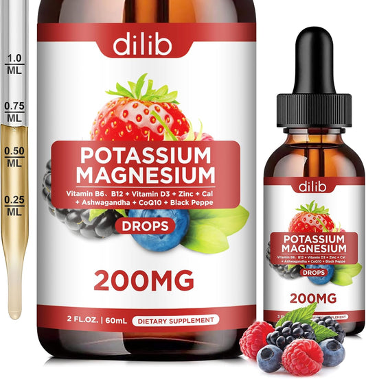 Potassium Magnesium Citrate Liquid Drops with Ashwagandha, Calcium, Zinc, Vitamin D3, B6, B12, CoQ10 - Vegan Mix Berry Flavor - 2 fl oz
