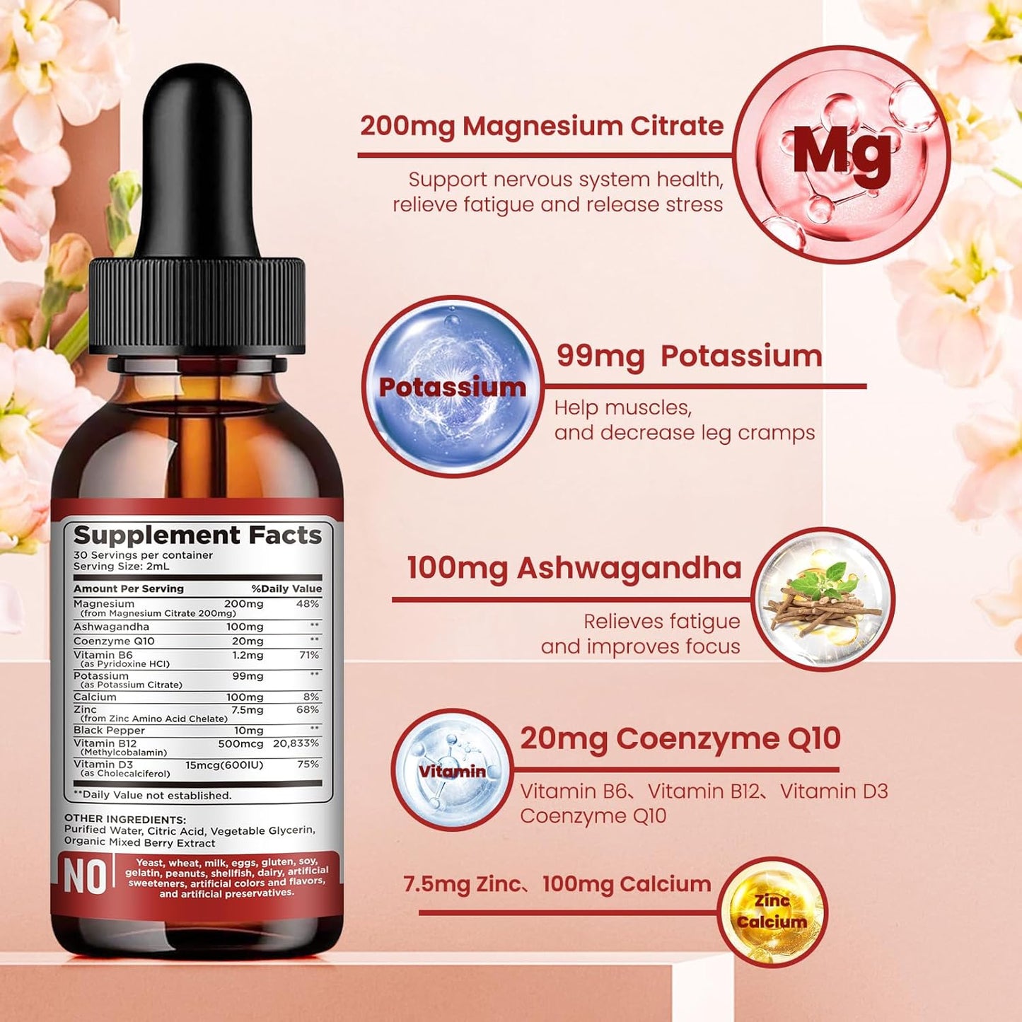Potassium Magnesium Citrate Liquid Drops with Ashwagandha, Calcium, Zinc, Vitamin D3, B6, B12, CoQ10 - Vegan Mix Berry Flavor - 2 fl oz