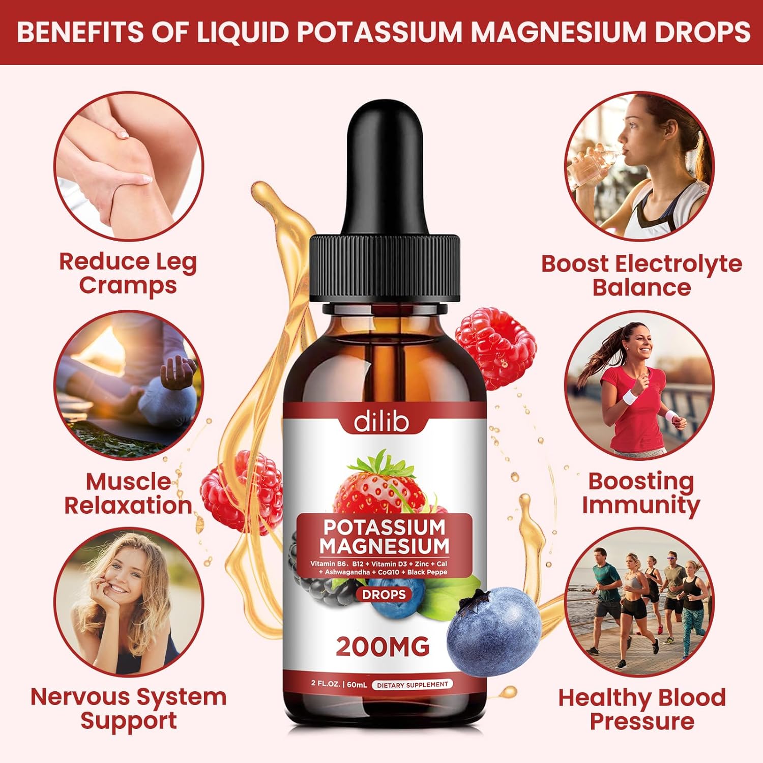 Potassium Magnesium Citrate Liquid Drops with Ashwagandha, Calcium, Zinc, Vitamin D3, B6, B12, CoQ10 - Vegan Mix Berry Flavor - 2 fl oz