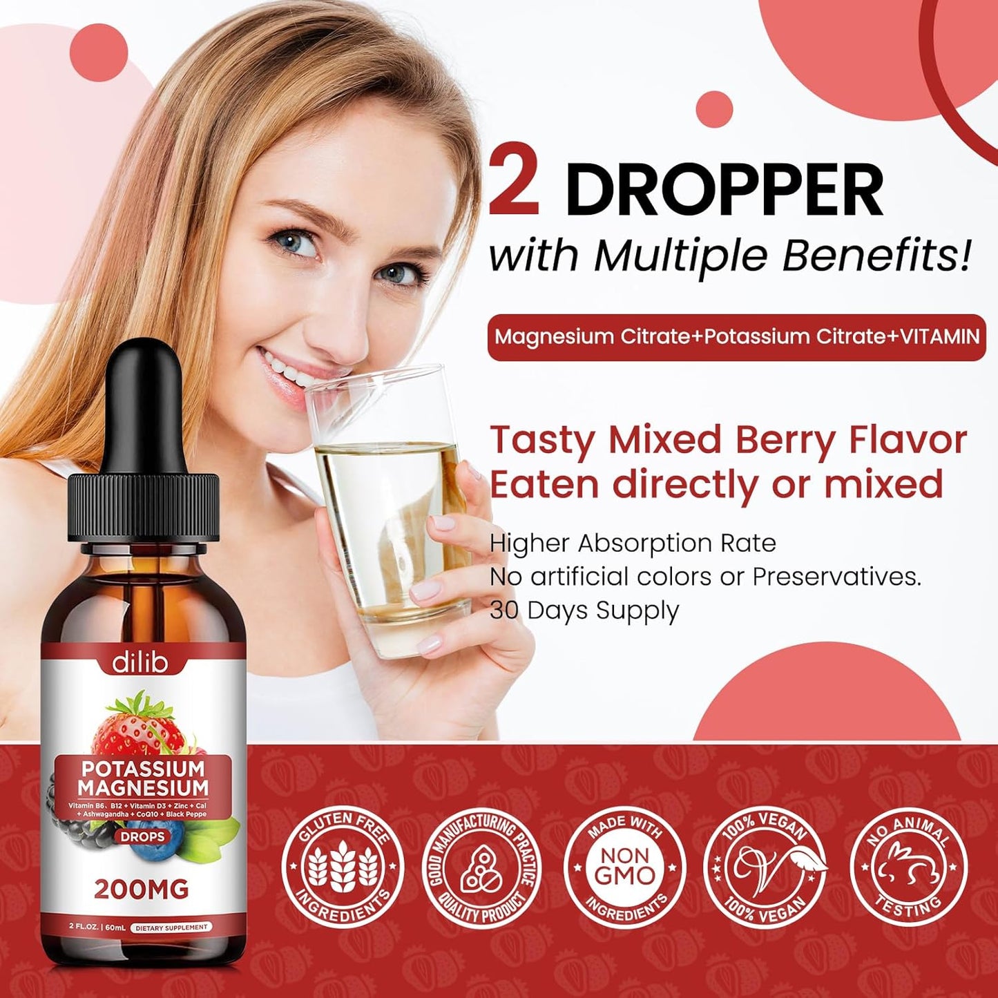 Potassium Magnesium Citrate Liquid Drops with Ashwagandha, Calcium, Zinc, Vitamin D3, B6, B12, CoQ10 - Vegan Mix Berry Flavor - 2 fl oz
