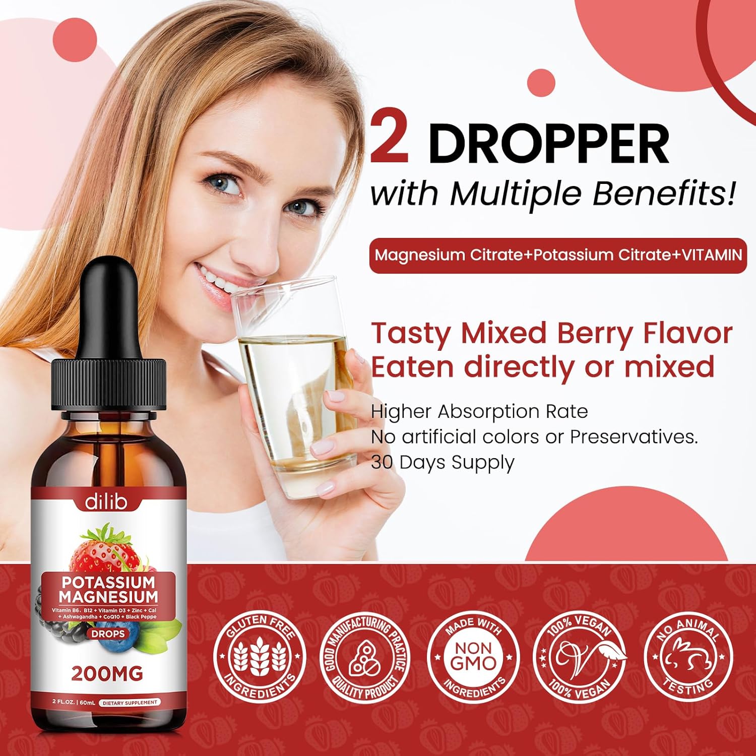 Potassium Magnesium Citrate Liquid Drops with Ashwagandha, Calcium, Zinc, Vitamin D3, B6, B12, CoQ10 - Vegan Mix Berry Flavor - 2 fl oz