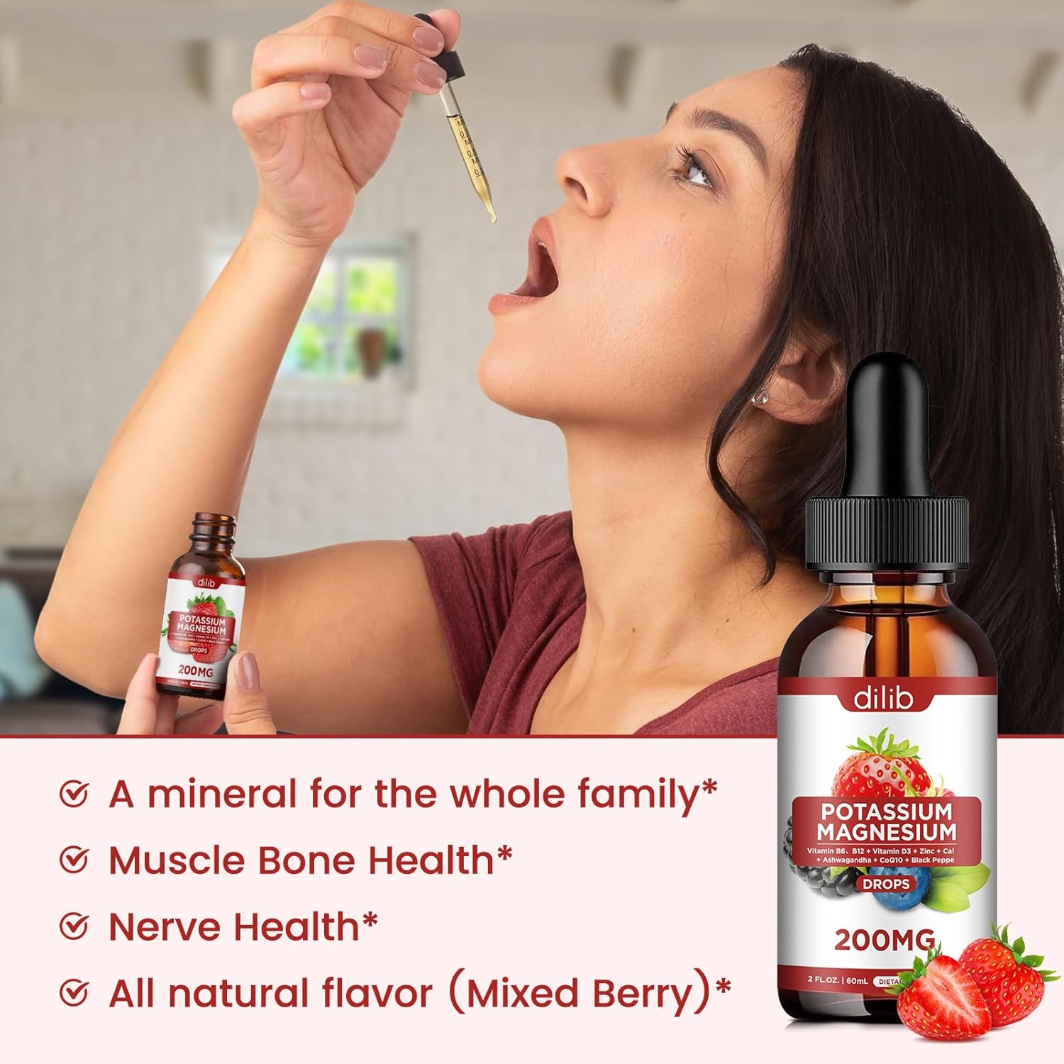 Potassium Magnesium Citrate Liquid Drops with Ashwagandha, Calcium, Zinc, Vitamin D3, B6, B12, CoQ10 - Vegan Mix Berry Flavor - 2 fl oz