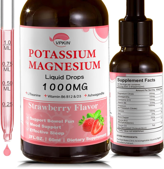 Potassium Magnesium Citrate Supplement with 1000mg Magnesium Glycinate, Ashwagandha, and Zinc for Calm and Immune Support - Strawberry Flavor - 2 FL.OZ.