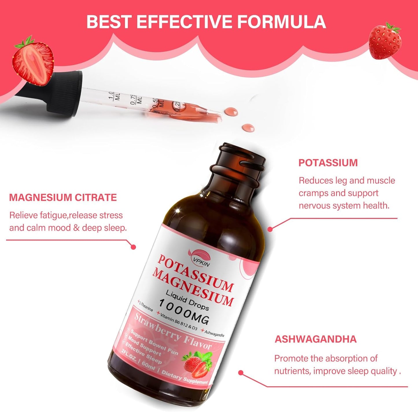 Potassium Magnesium Citrate Supplement with 1000mg Magnesium Glycinate, Ashwagandha, and Zinc for Calm and Immune Support - Strawberry Flavor - 2 FL.OZ.