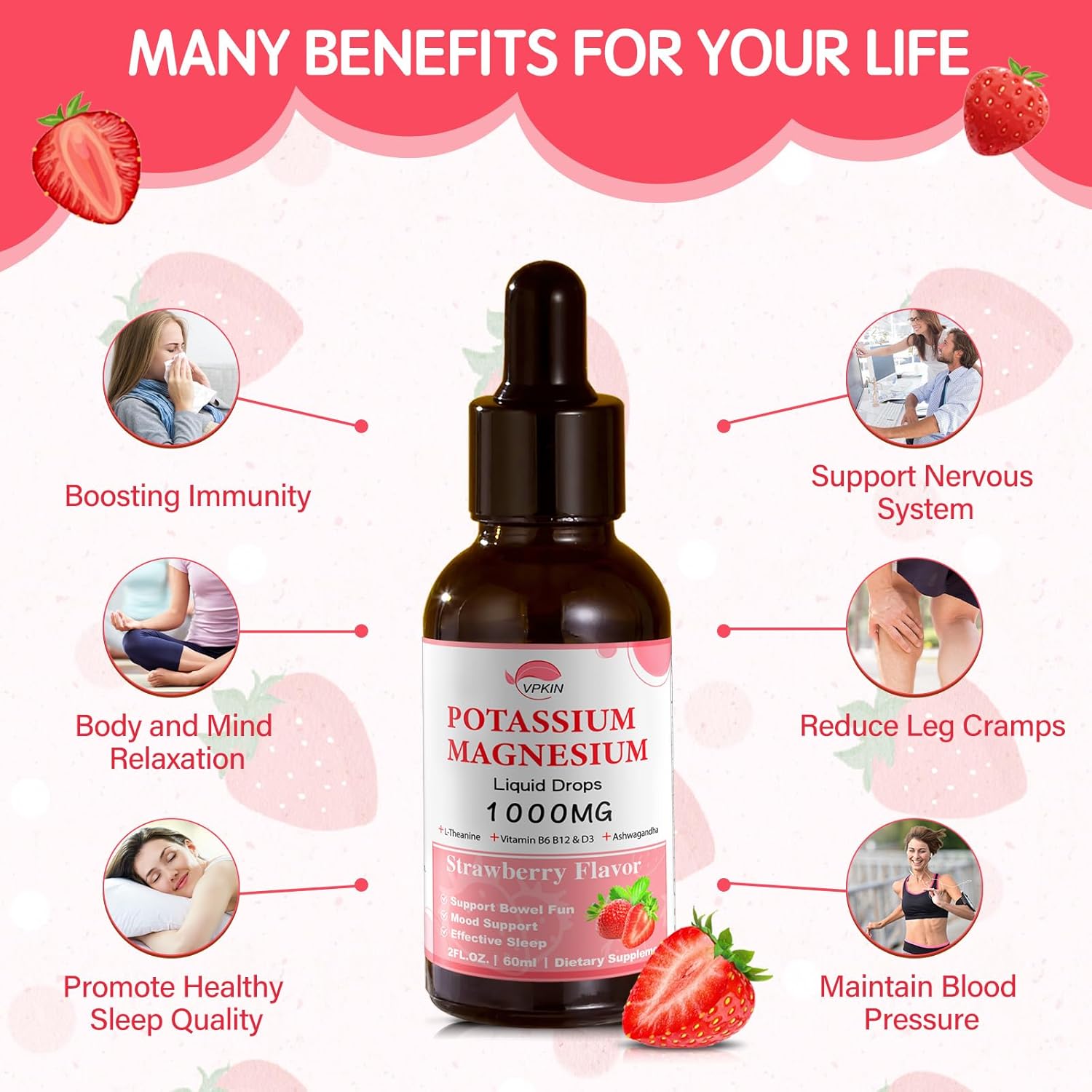 Potassium Magnesium Citrate Supplement with 1000mg Magnesium Glycinate, Ashwagandha, and Zinc for Calm and Immune Support - Strawberry Flavor - 2 FL.OZ.