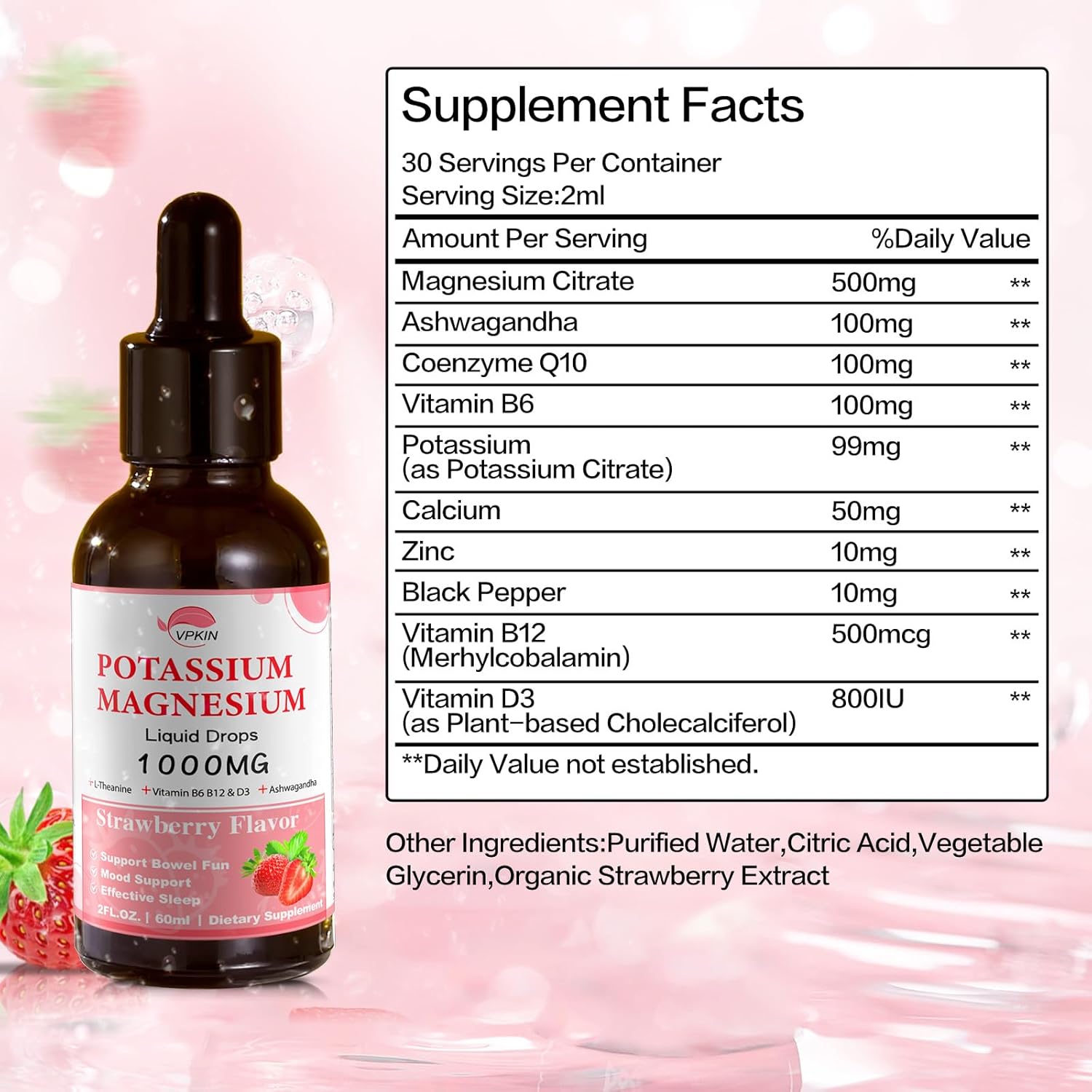 Potassium Magnesium Citrate Supplement with 1000mg Magnesium Glycinate, Ashwagandha, and Zinc for Calm and Immune Support - Strawberry Flavor - 2 FL.OZ.