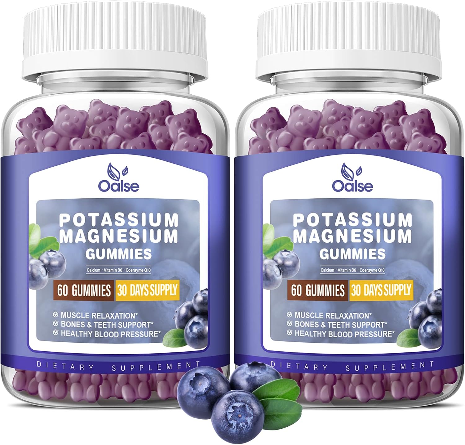 Potassium Magnesium Gummies for Adults and Kids - High Absorption, Chewable Blueberry Supplements for Leg Cramps and Heart Health - 99mg Potassium Citrate, 400mg Magnesium Citrate - 60 Count (Pack of 2)