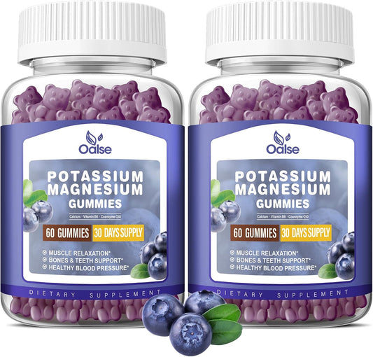 Potassium Magnesium Gummies for Adults and Kids - High Absorption, Chewable Blueberry Supplements for Leg Cramps and Heart Health - 99mg Potassium Citrate, 400mg Magnesium Citrate - 60 Count (Pack of 2)
