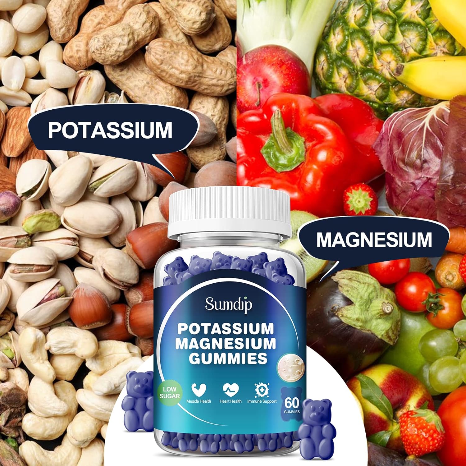 Potassium Magnesium Gummies for Leg Cramp Relief | High Absorption Citrate Formula | 60 Gummies for Men & Women