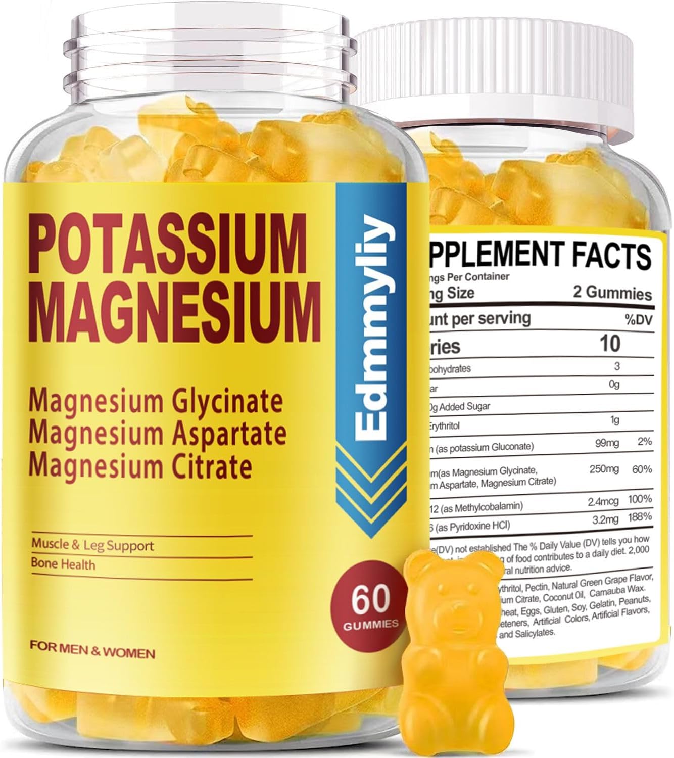 Potassium Magnesium Gummy Supplement for Adults | High Absorption Formula with Vitamin B6 B12 | Supports Mood, Energy, Muscle Relaxation, Bone Health | Sugar Free