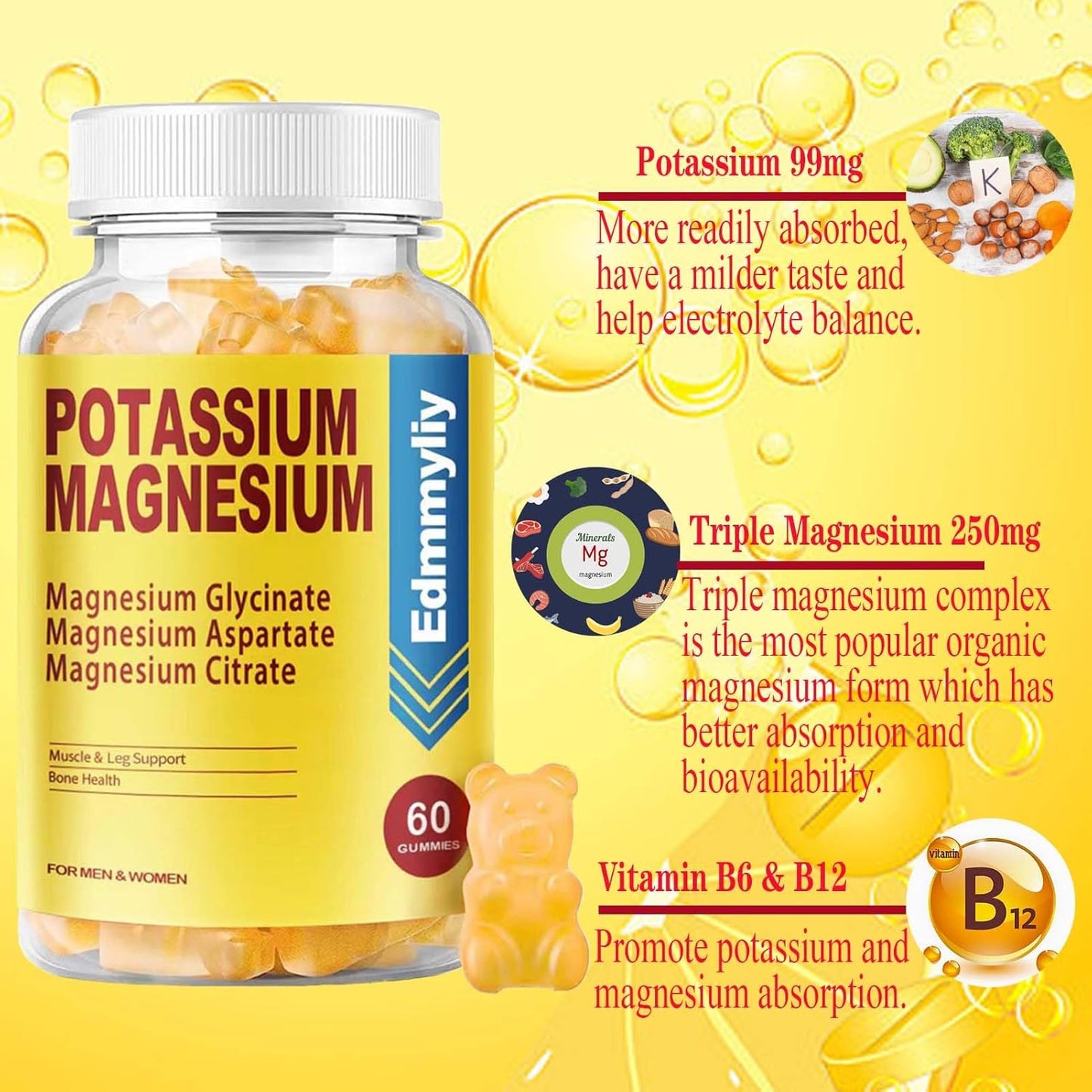 Potassium Magnesium Gummy Supplement for Adults | High Absorption Formula with Vitamin B6 B12 | Supports Mood, Energy, Muscle Relaxation, Bone Health | Sugar Free