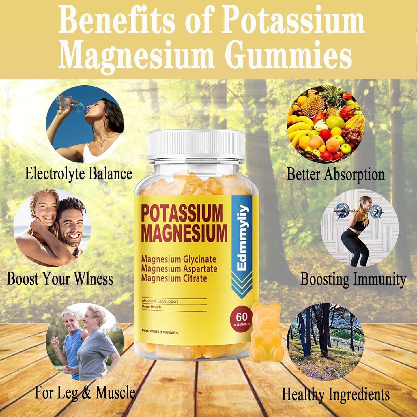 Potassium Magnesium Gummy Supplement for Adults | High Absorption Formula with Vitamin B6 B12 | Supports Mood, Energy, Muscle Relaxation, Bone Health | Sugar Free
