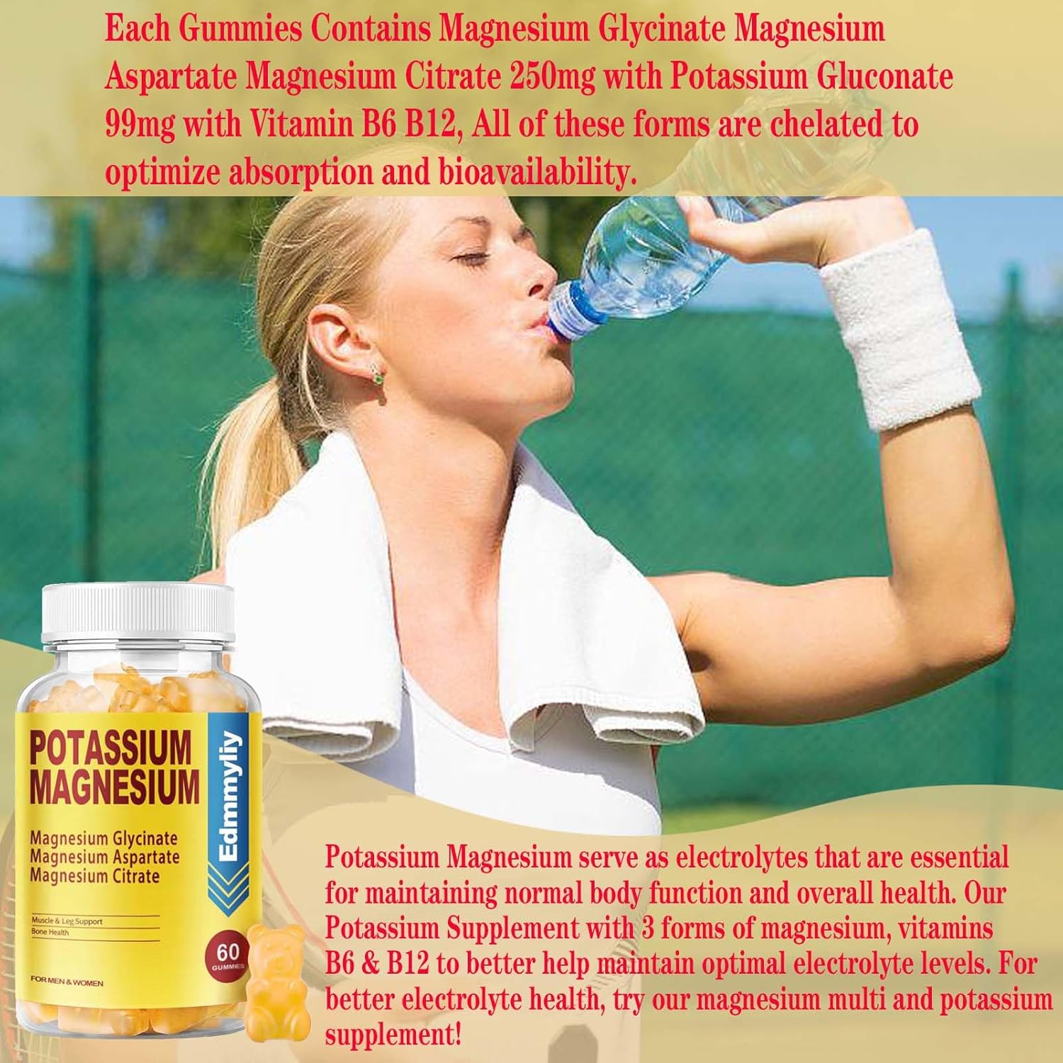Potassium Magnesium Gummy Supplement for Adults | High Absorption Formula with Vitamin B6 B12 | Supports Mood, Energy, Muscle Relaxation, Bone Health | Sugar Free