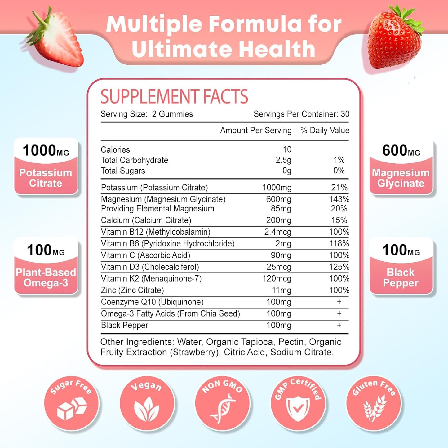 Potassium Magnesium Gummy Supplement with Multivitamin & Omega-3 for Adults and Kids - 60ct