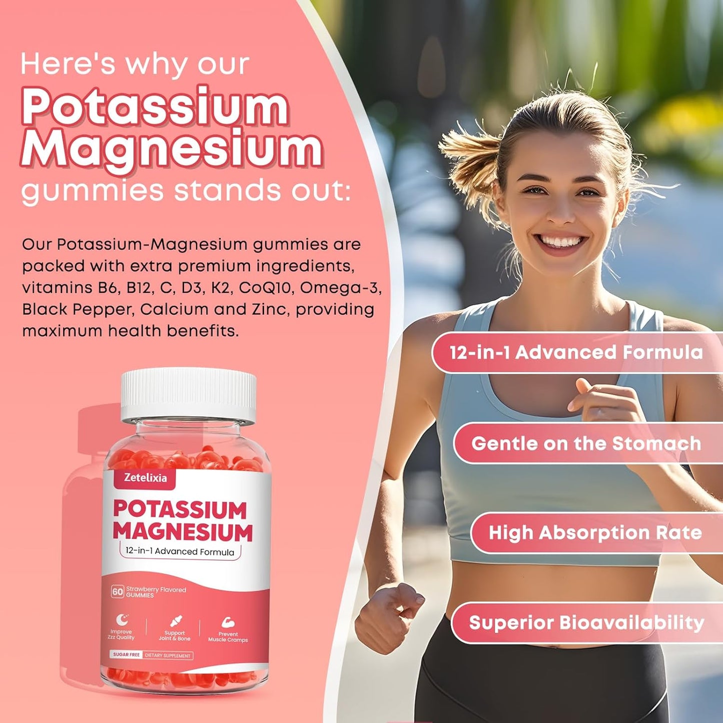 Potassium Magnesium Gummy Supplement with Multivitamin & Omega-3 for Adults and Kids - 60ct