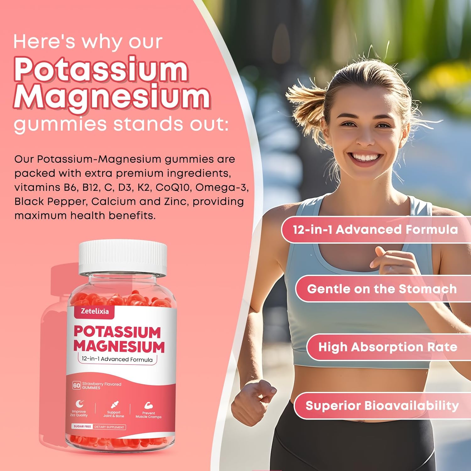 Potassium Magnesium Gummy Supplement with Multivitamin & Omega-3 for Adults and Kids - 60ct