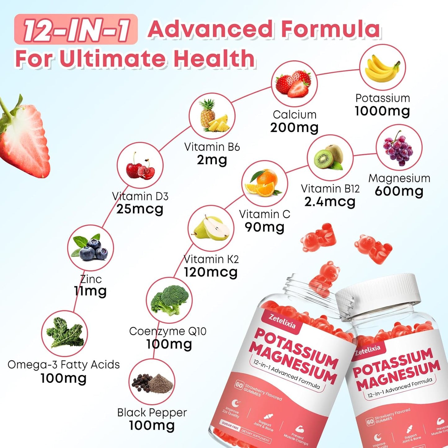 Potassium Magnesium Gummy Supplement with Multivitamin & Omega-3 for Adults and Kids - 60ct