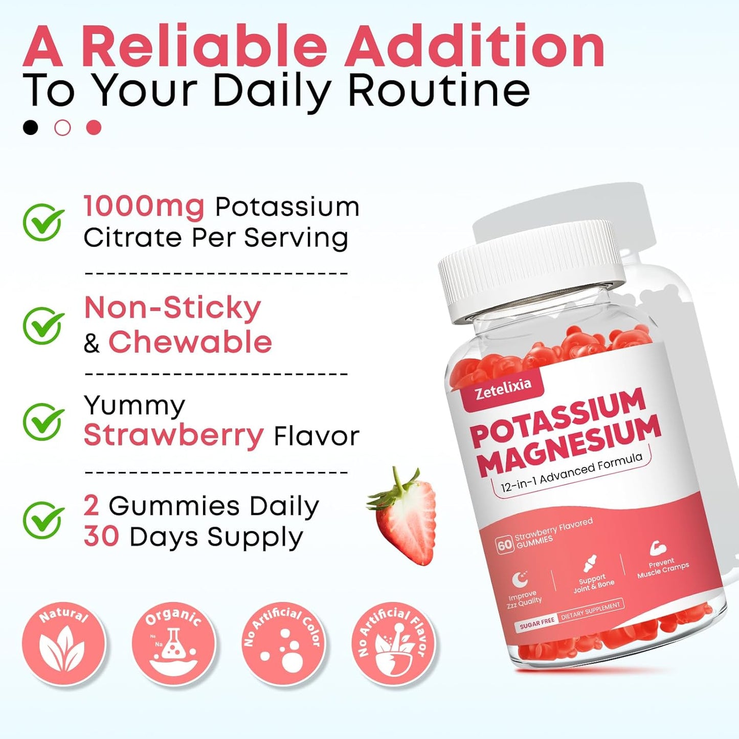 Potassium Magnesium Gummy Supplement with Multivitamin & Omega-3 for Adults and Kids - 60ct