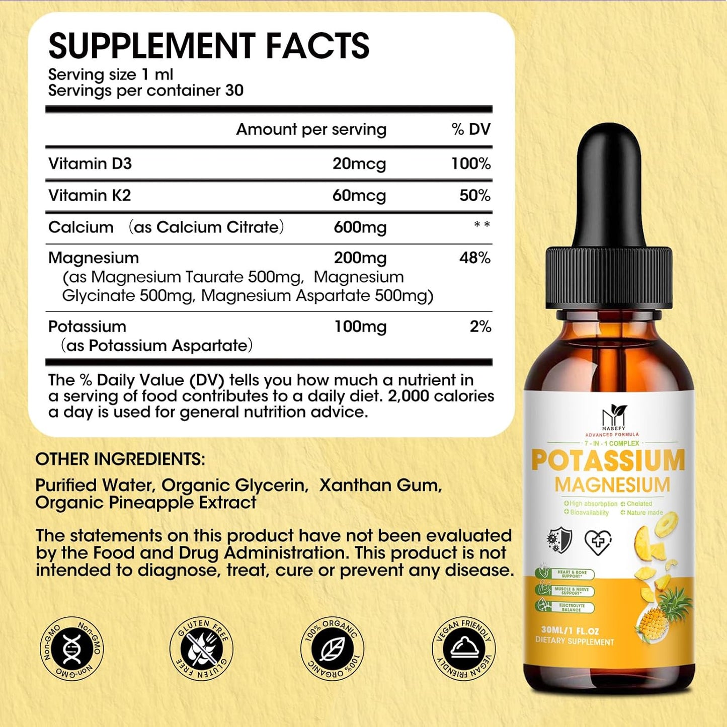 Potassium Magnesium Liquid Supplement with Calcium, Vitamin D3, Zinc - Vegan & Sugar Free - 2 FL OZ