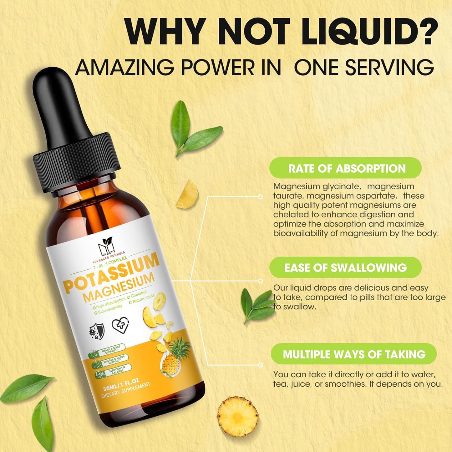 Potassium Magnesium Liquid Supplement with Calcium, Vitamin D3, Zinc - Vegan & Sugar Free - 2 FL OZ