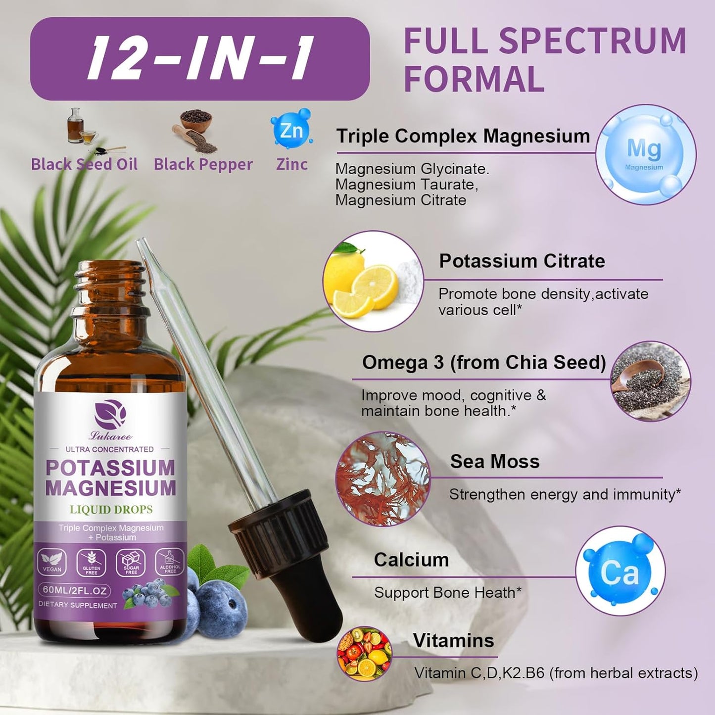 Potassium Magnesium Liquid Supplement with Triple Complex Glycinate, Omega 3, Sea Moss, Black Seed, D3K2 & Calcium for Muscle Cramps - 2 FL OZ