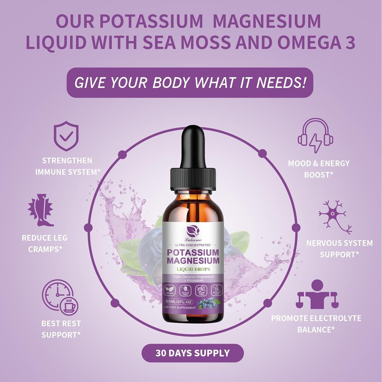 Potassium Magnesium Liquid Supplement with Triple Complex Glycinate, Omega 3, Sea Moss, Black Seed, D3K2 & Calcium for Muscle Cramps - 2 FL OZ