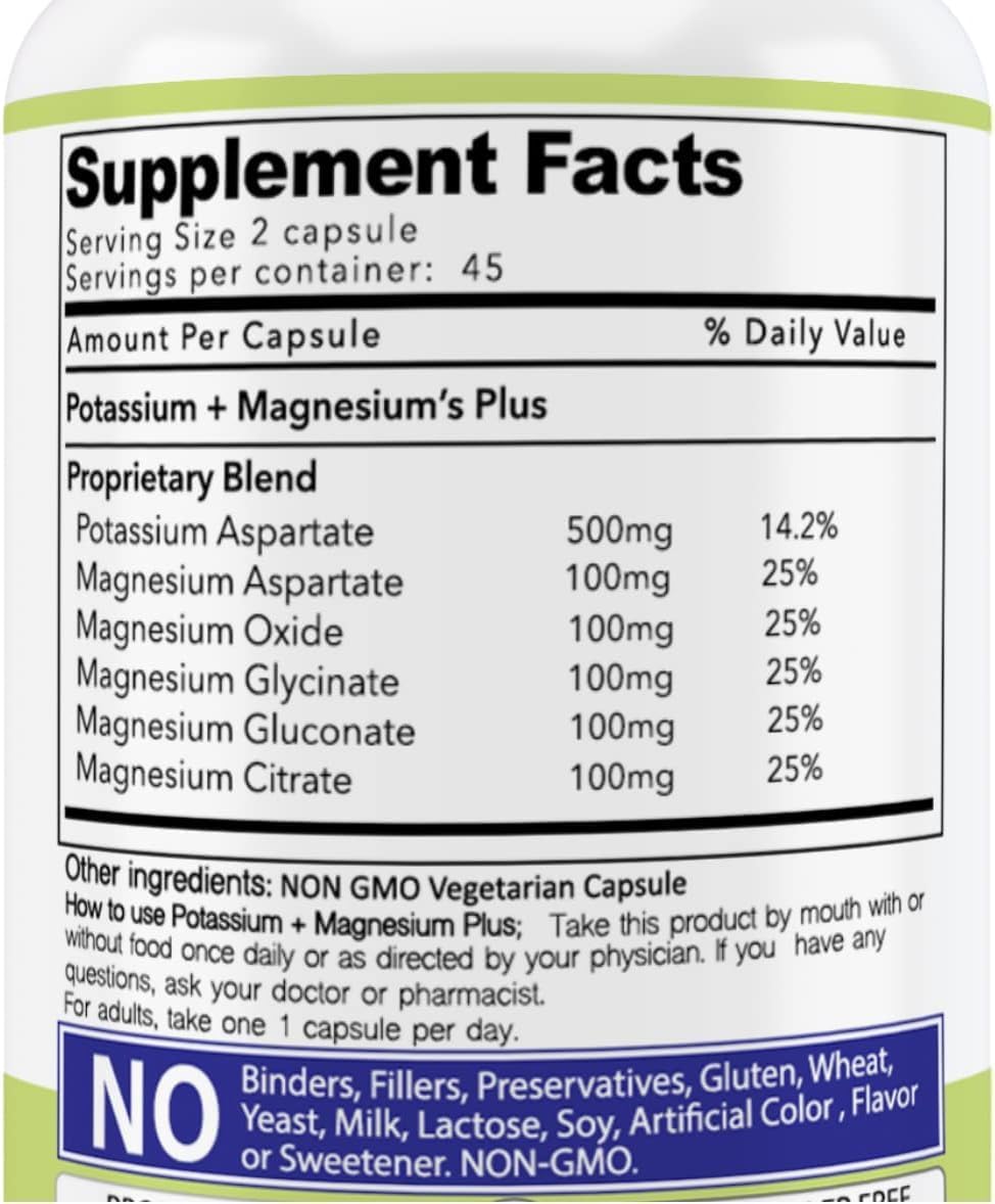 Potassium Magnesium Supplement 1000 mg - Muscle Recovery, Leg Cramps - 90 Caps