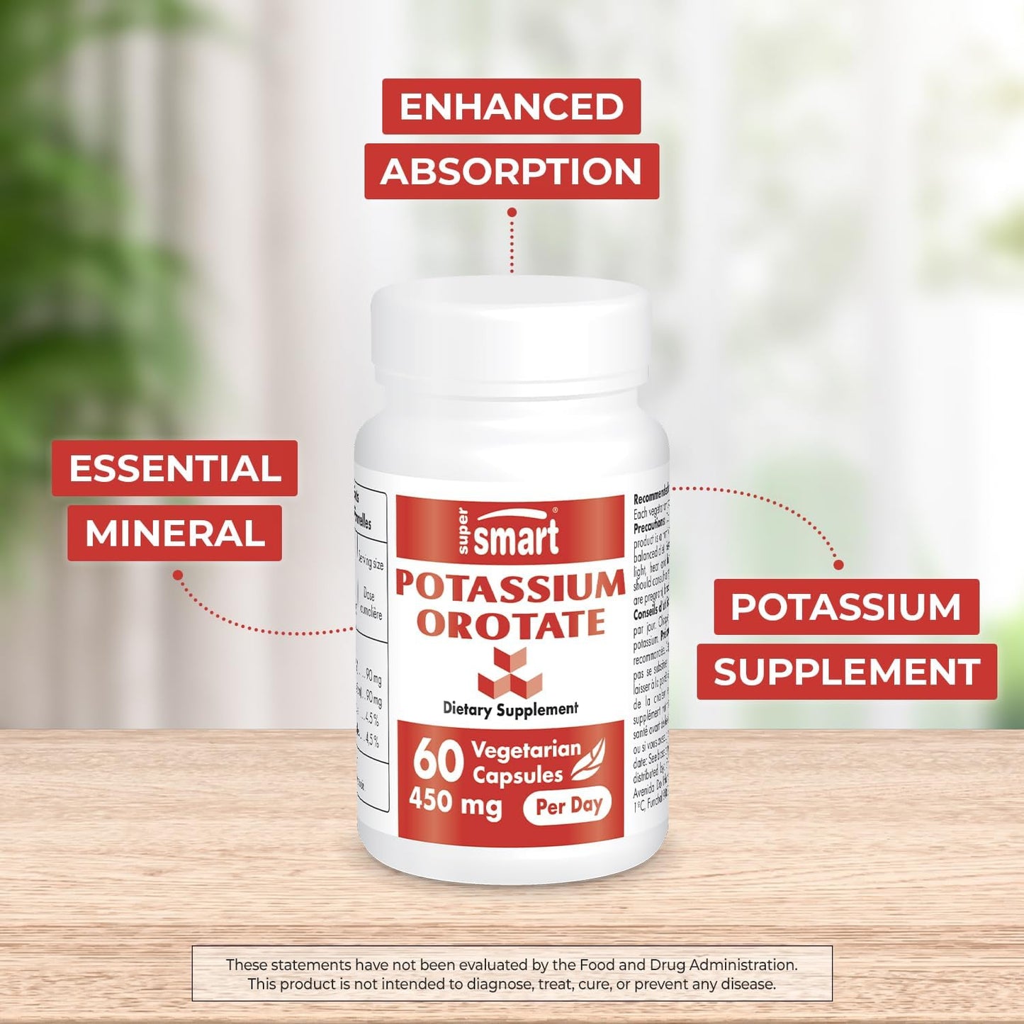 Potassium Orotate 450mg Daily Supplement for Acid-Base Balance, Nerve Transmission, and Heart Health - Non-GMO, Gluten Free - 60 Capsules
