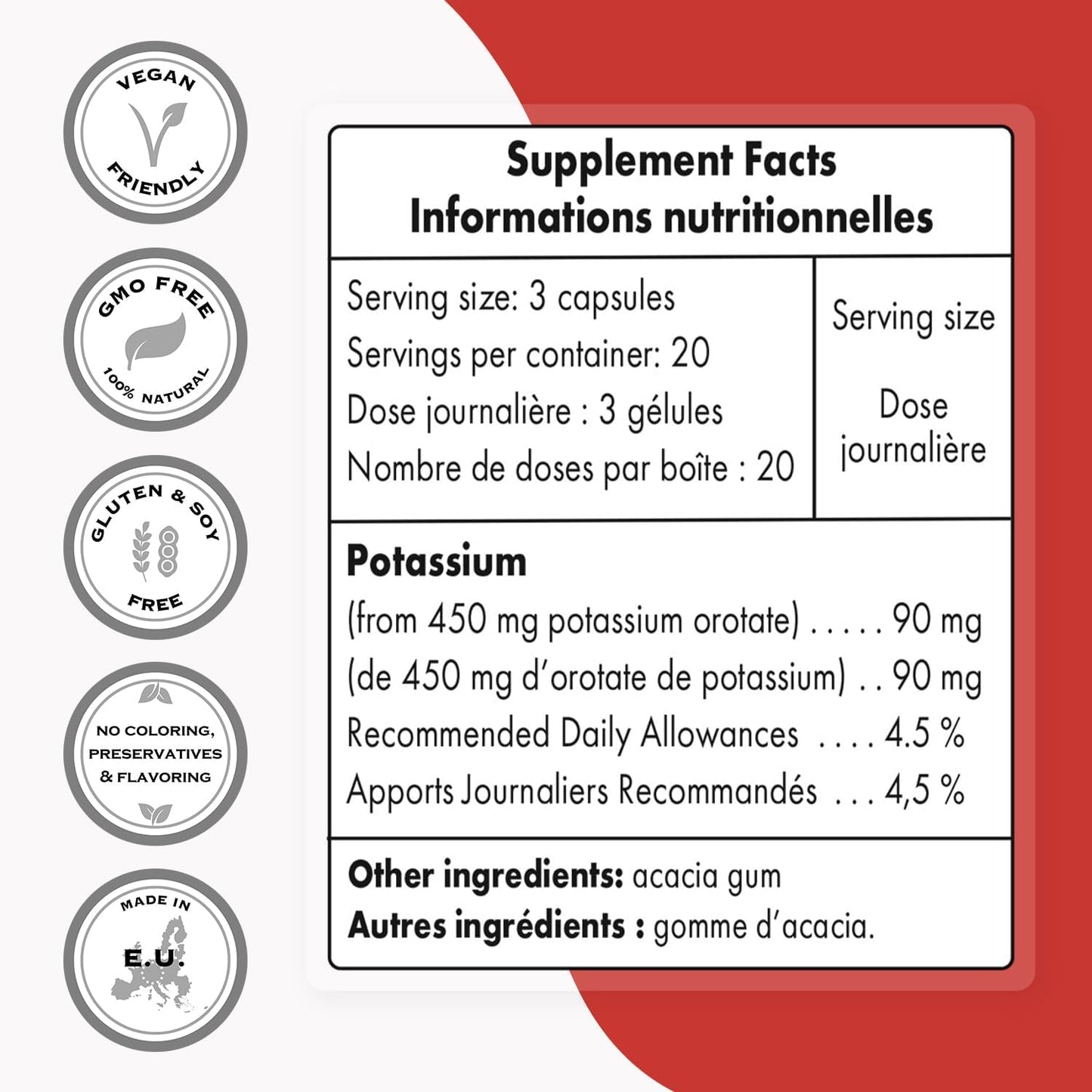 Potassium Orotate 450mg Daily Supplement for Acid-Base Balance, Nerve Transmission, and Heart Health - Non-GMO, Gluten Free - 60 Capsules