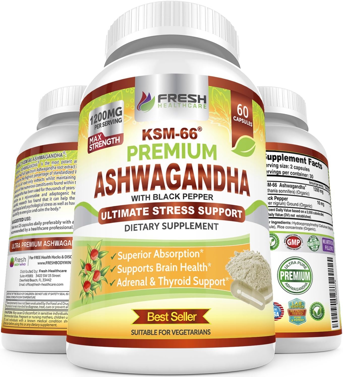 Potent 1200mg Ashwagandha Capsules with Black Pepper for High Absorption - Vegan Supplement with KSM-66 Pure Root Extract - 60 Capsules