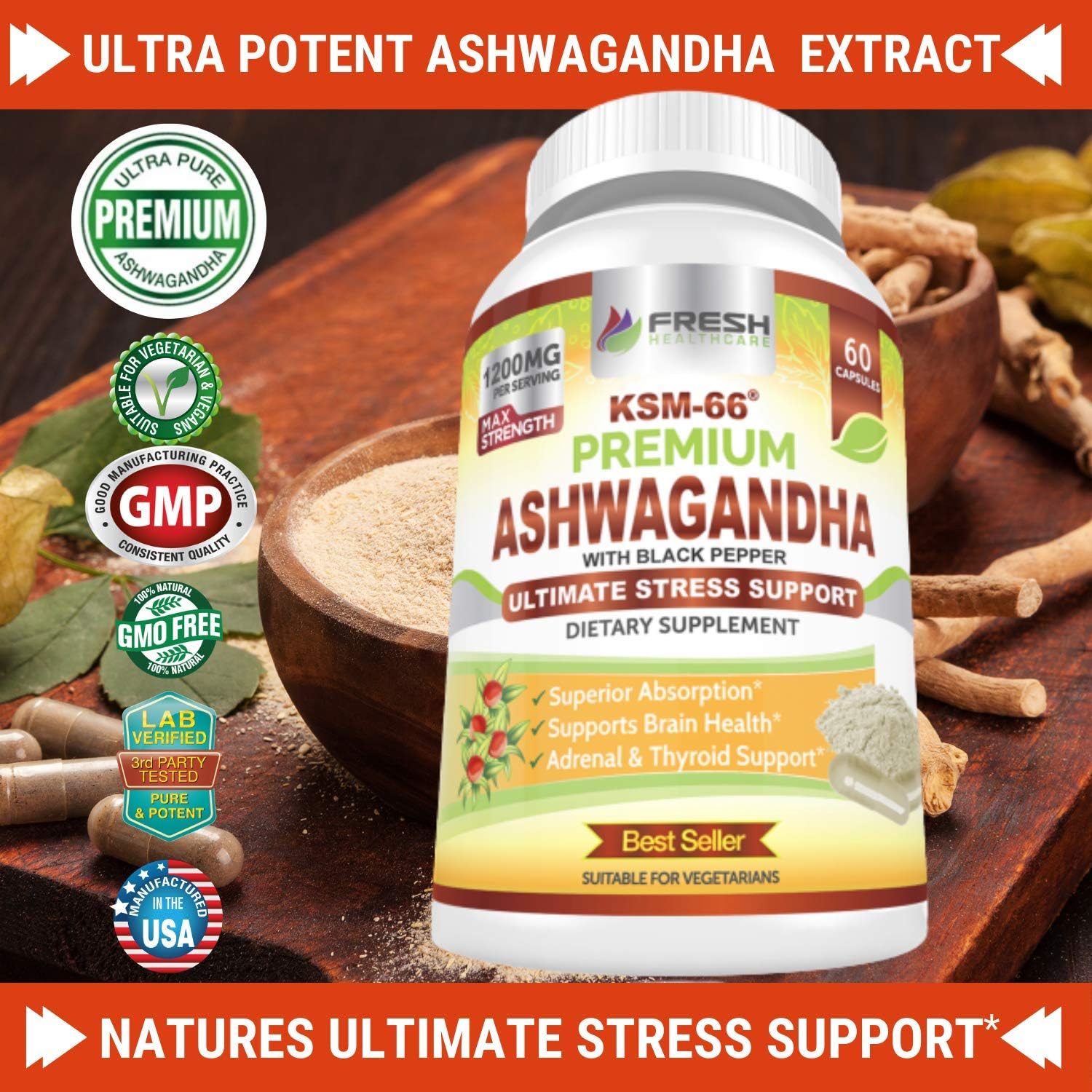 Potent 1200mg Ashwagandha Capsules with Black Pepper for High Absorption - Vegan Supplement with KSM-66 Pure Root Extract - 60 Capsules