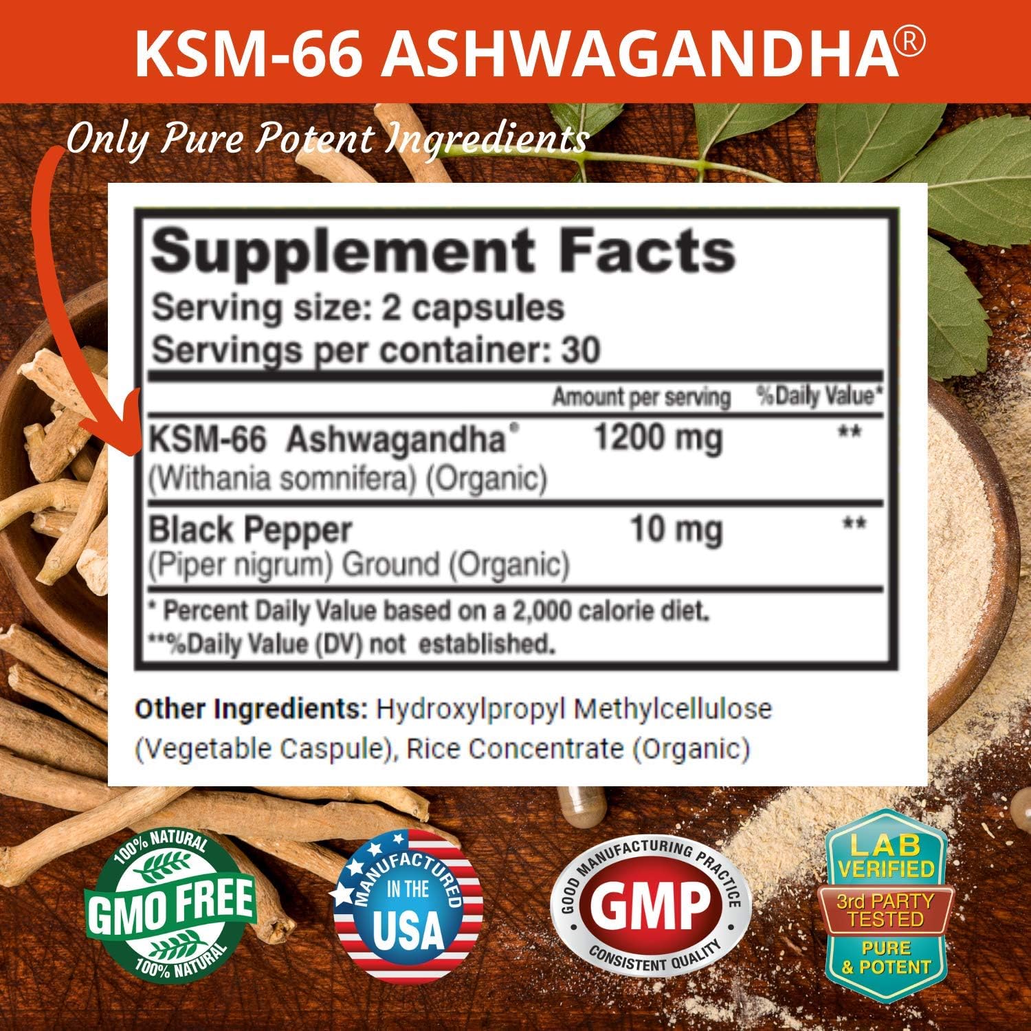 Potent 1200mg Ashwagandha Capsules with Black Pepper for High Absorption - Vegan Supplement with KSM-66 Pure Root Extract - 60 Capsules