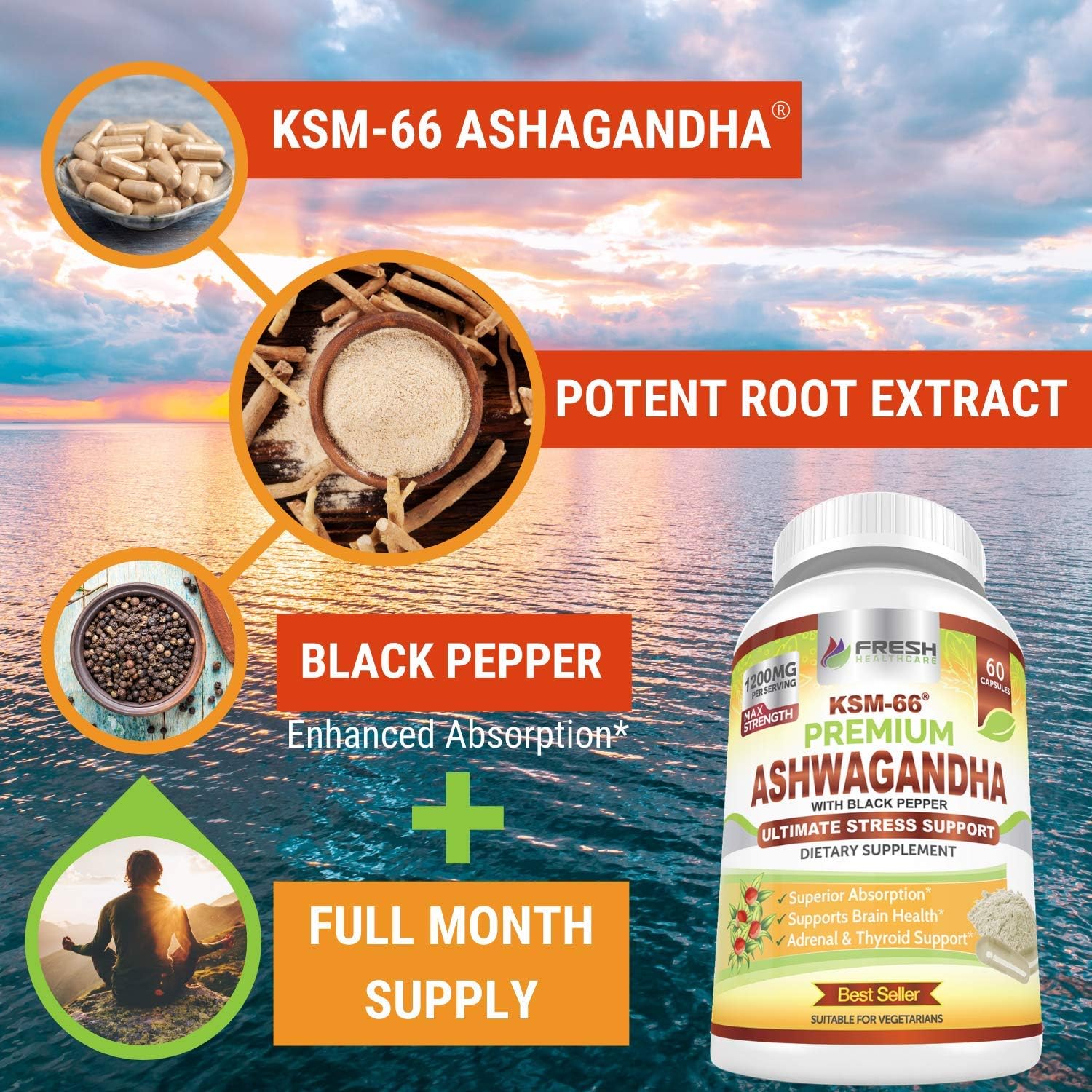 Potent 1200mg Ashwagandha Capsules with Black Pepper for High Absorption - Vegan Supplement with KSM-66 Pure Root Extract - 60 Capsules