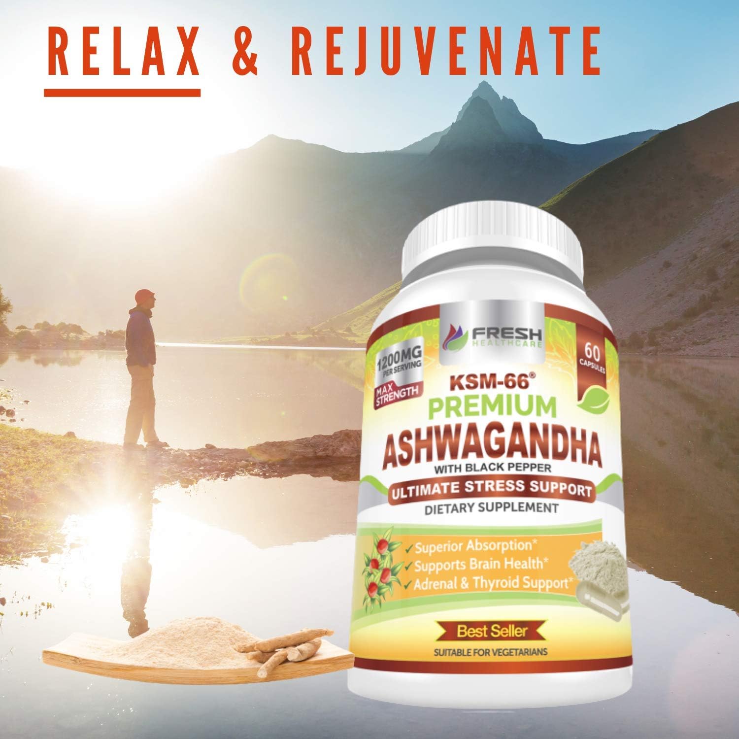 Potent 1200mg Ashwagandha Capsules with Black Pepper for High Absorption - Vegan Supplement with KSM-66 Pure Root Extract - 60 Capsules